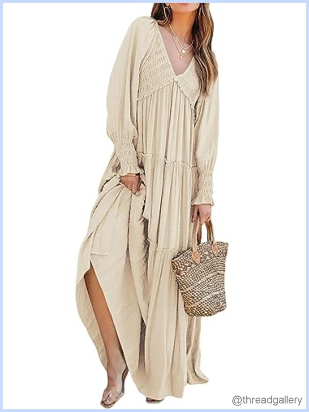 Long Sleeve V Neck Flowy Maxi Dress Womens Casual Boho